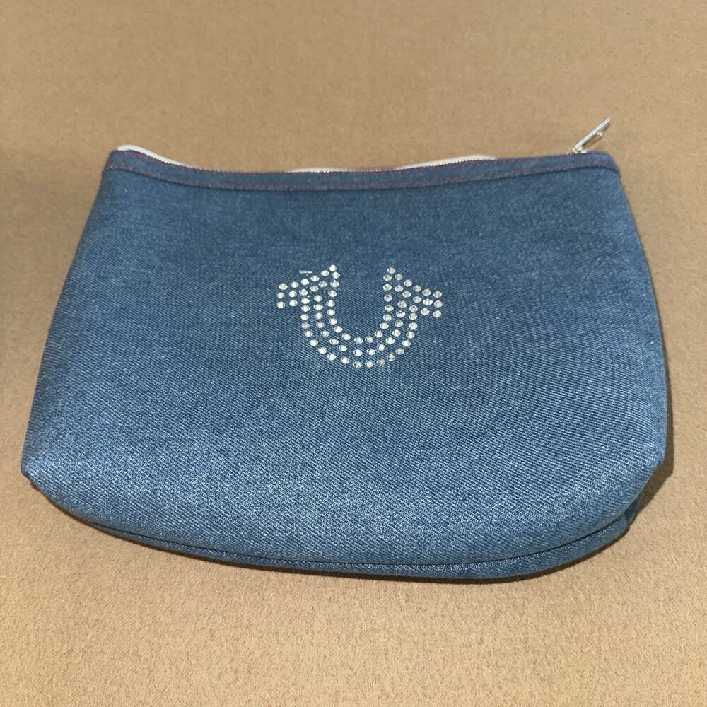 True Religion Crystal Logo Cosmetics Bag In Denim.